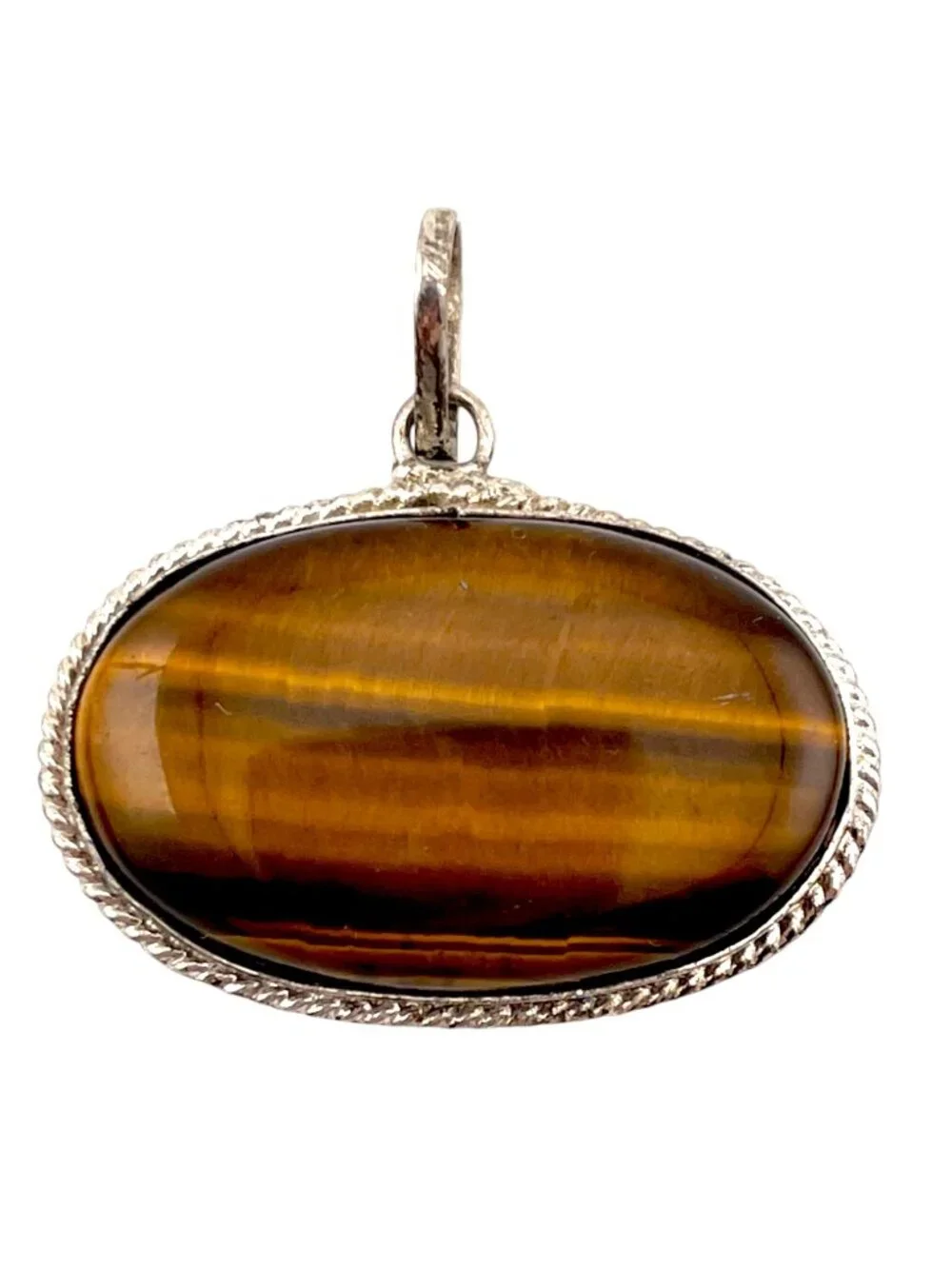 Large Tiger’s Eye Pendant East West Cabochon Vintage Silver Artisan